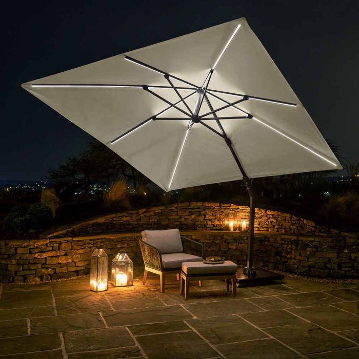 Platinum Challenger T2 Glow LED Cantilever Parasol 300x300x255cm. Anthracite Frame. Champagne Canopy 300gm Polyester