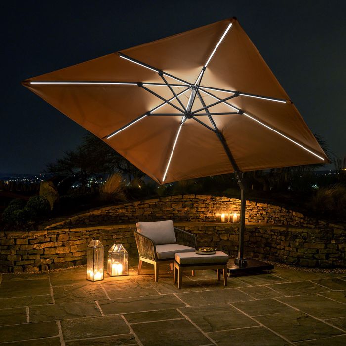 Platinum Challenger T2 Glow LED Cantilever Parasol 300x300x255cm. Anthracite. Taupe Canopy 300gm Polyester