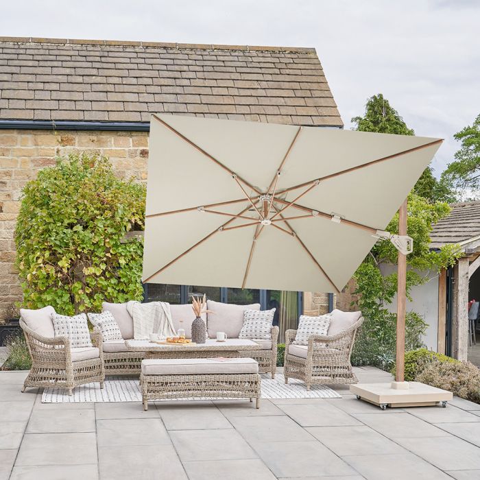 Platinum Premium Challenger T2 Cantilever Parasol 350x260x246cm. Wood Look Aluminium Frame. Champagne Canopy.