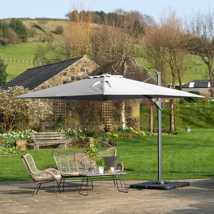 Platinum Challenger T2 Cantilever Parasol 350x260x264cm. Anthracite Frame. Luna Grey Canopy Polyester 300g/m2