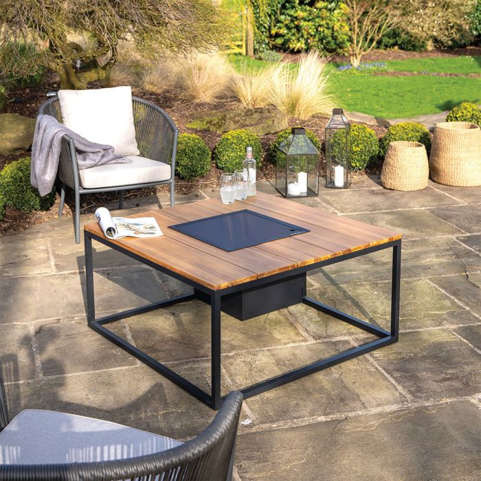 Cosiloft 100 Black and Teak Fire Pit Table 100x100x50cm