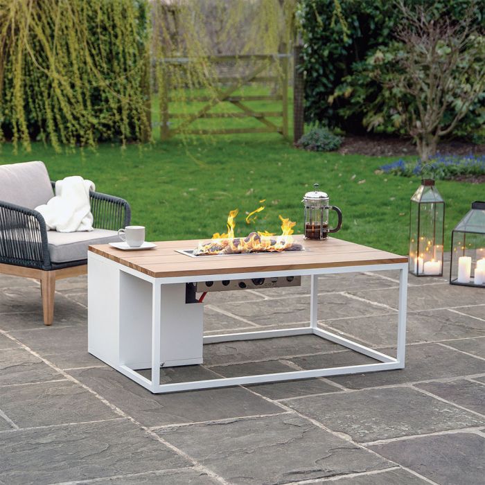 Cosiloft 120 White and Teak Gas Fire Pit Table 120x80x50cm