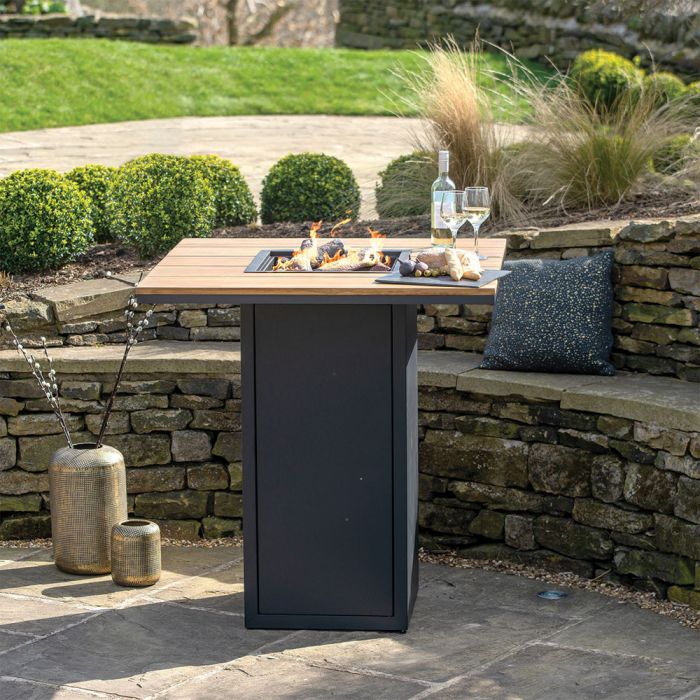 Cosiloft 100 Black and Teak Gas Fire Pit Bar Table 100x100x105cm