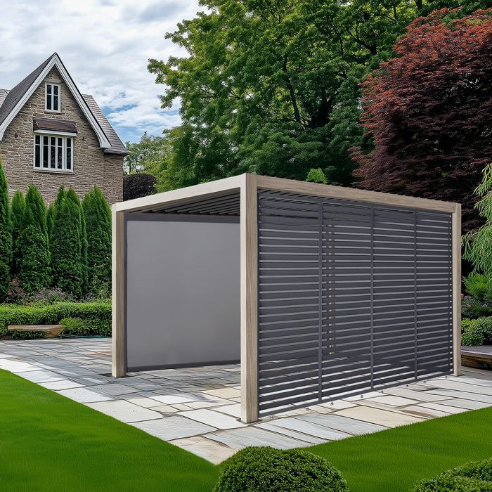 Pavillo Teak Look Aluminium 3.5m x 3.5m Pergola, Pavillo Louvre Front/Back Panel Long, Pavillo Front/Back Blind Long, Pavillo Side Blind Short, Pavillo LED. Installation Included