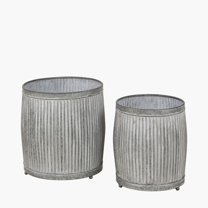 Set of 2 Galvanised Zinc Barrel Planters
