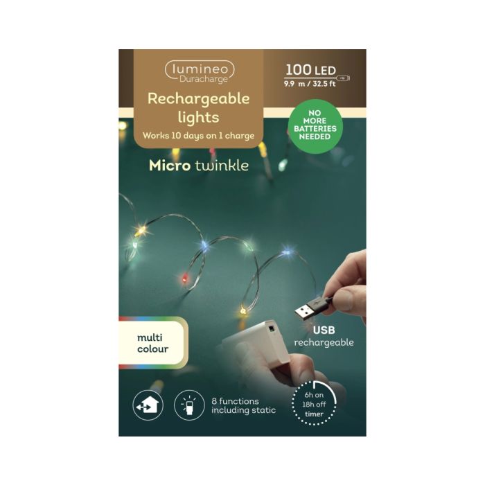 100 LED Outdoor Rechargeable Micro Twinkle Lights Multi Colour with 8 Functions