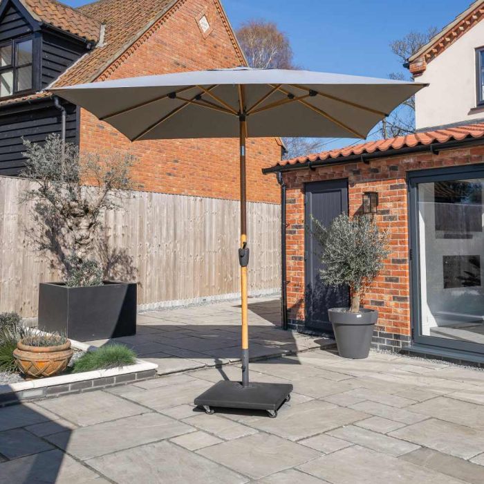 Royce Premium 250x250cm Square Parasol. Wood Look Aluminium Frame. Smoke Canopy. Night Cover Included.