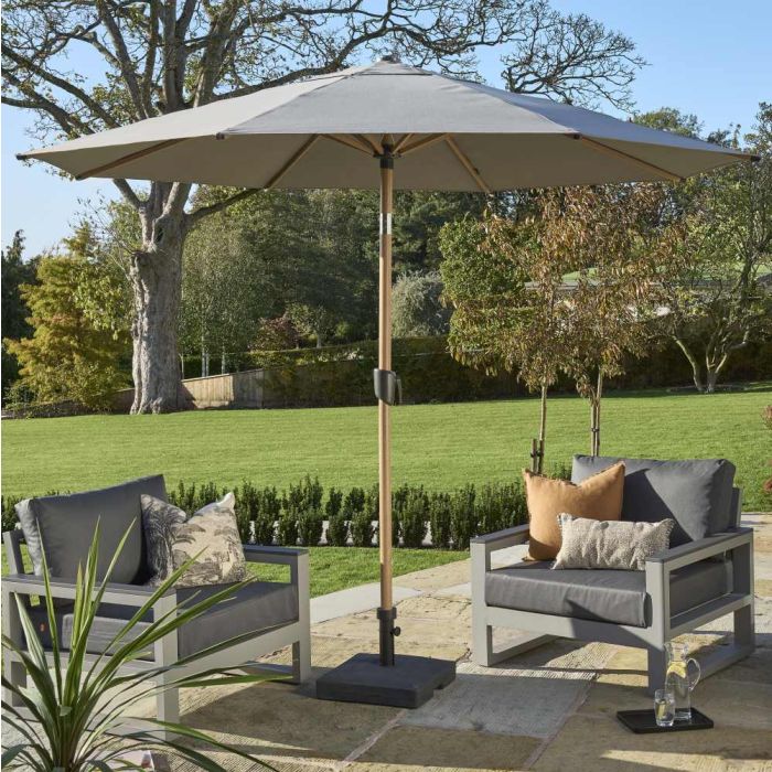 Royce Premium 300cm Round Parasol. Wood Look Aluminium Frame. Smoke Grey Canopy. Night Cover Included.