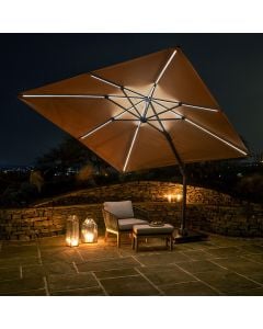 Platinum Challenger T2 Glow LED Cantilever Parasol 300x300x255cm. Anthracite. Taupe Canopy 300gm Polyester