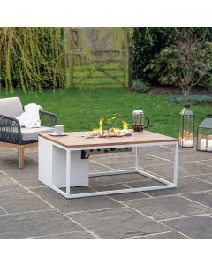 Cosiloft 120 White and Teak Gas Fire Pit Table 120x80x50cm