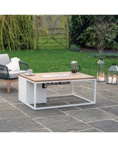 Cosiloft 120 White and Teak Gas Fire Pit Table 120x80x50cm