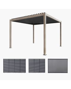 Pavillo Teak Look Aluminium 3.5m x 3.5m Pergola, Pavillo Louvre Front/Back Panel Long, Pavillo Louvre Side Panel Short, Pavillo Side Blind Short. Installation Included