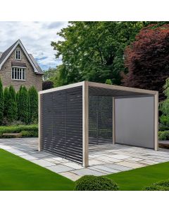 Pavillo Teak Look Aluminium 3.5m x 3.5m Pergola, Pavillo Louvre Front/Back Panel Long, Pavillo Louvre Side Panel Short, Pavillo Side Blind Short. Installation Included