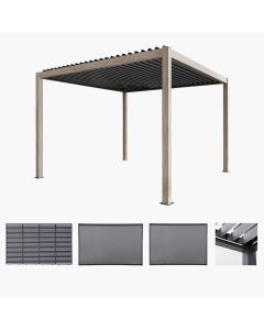 Pavillo Teak Look Aluminium 3.5m x 3.5m Pergola, Pavillo Louvre Front/Back Panel Long, Pavillo Front/Back Blind Long, Pavillo Side Blind Short, Pavillo LED. Installation Included
