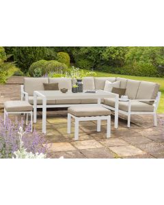 Titchwell Corner Lounge Set (Corner Lounge Set with 2 Stools and High Dining Table). White Frame. Beige Cushions.